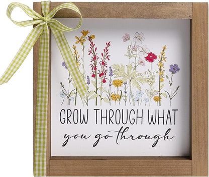 Grow Through What You Go Through Sign, 6 Inch Wooden Office Cubicle Decorations for Women, Boho Inspirational Desk Decor for Shelf Table Rustic Motivational Signs Wildflower Decorations