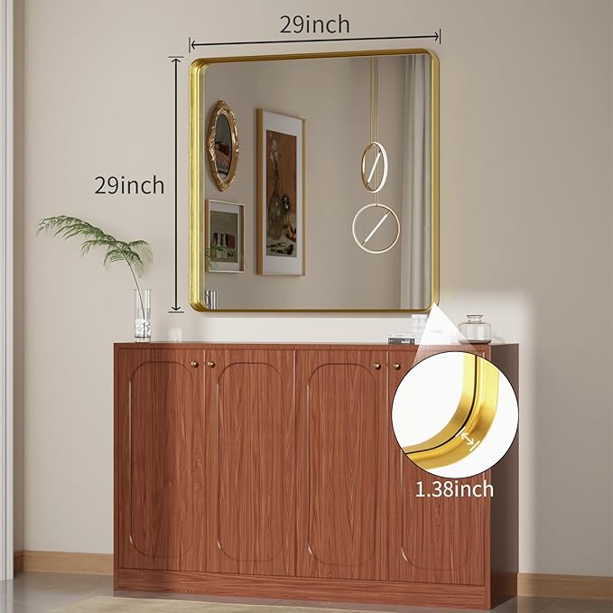 Koonmi Gold Wall Mirror for Bathroom, 29x29 Inch Matte Deep Framed Rounded Rectangle Vanity Mirror for Farmhouse Living Room, Tempered Glass, Anti-Rust, Vertically or Horizontally