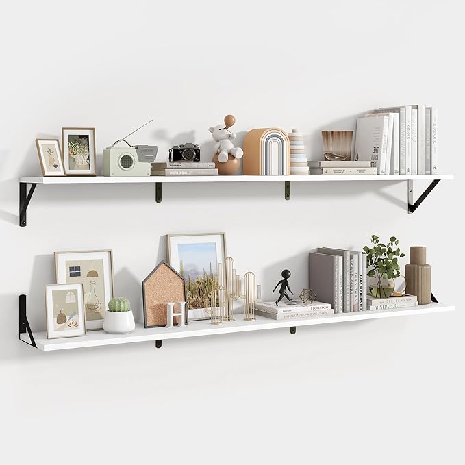 Axeman 55 Inch Floating Shelves | 8 Inch Deep White Wall Shelves Set of 2 | 55" W x 8" D Rustic White Wood Shelves for Bathroom Kitchen Living Room