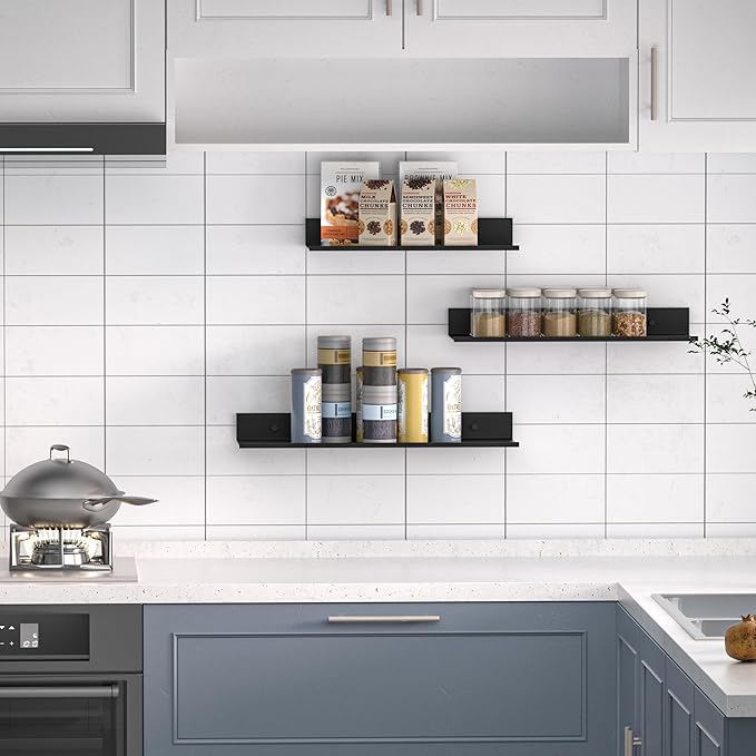 Floating Shelves for Wall Set of 3, Black Metal Wall Shelves for Bathroom 11.8/13.8/15.7 in, Modern Small Adhesive Shelf for Living Room, Bedroom, Office, Kitchen