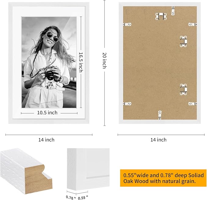 puthiac 13x19 Solid Oak Wood Picture Frame, Fits 11x17 with Mat or 13x19 Without Mat, Wall Display Only, Vertical or Horizontal, Plexi Front, 3 Pack, White