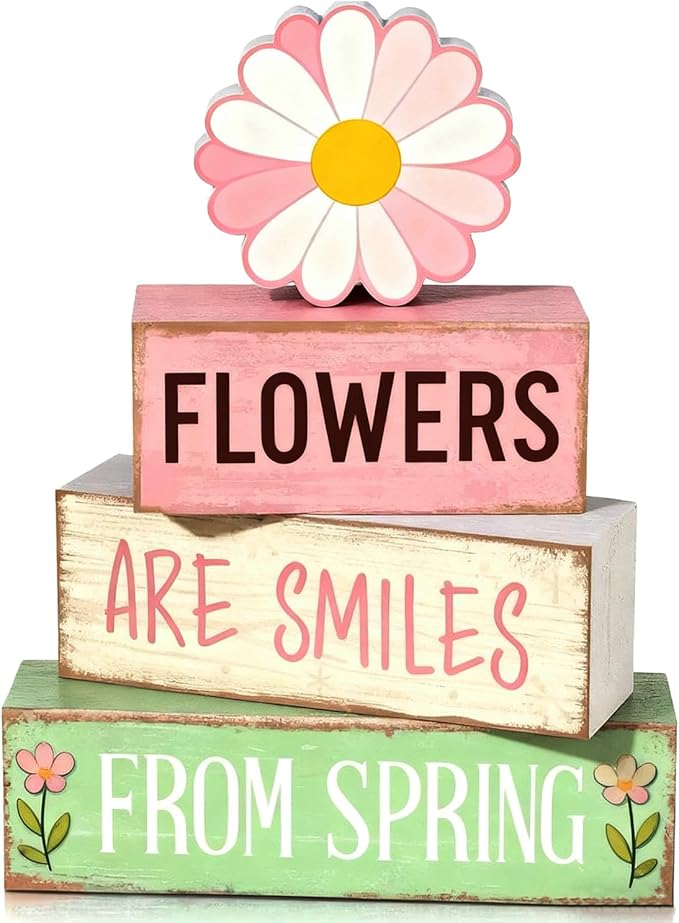 Spring Decoration Wooden Tiered Tray Decor – Daisy Flower Spring Stacked Block Sign – Farmhouse Tabletop Floral Spring Decor for Shelf Mantel Seasonal Home Display