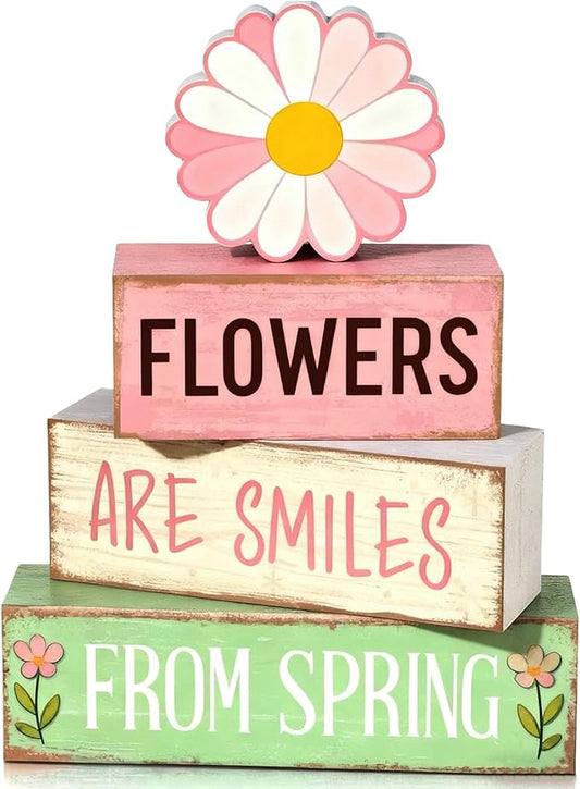 Spring Decoration Wooden Tiered Tray Decor – Daisy Flower Spring Stacked Block Sign – Farmhouse Tabletop Floral Spring Decor for Shelf Mantel Seasonal Home Display