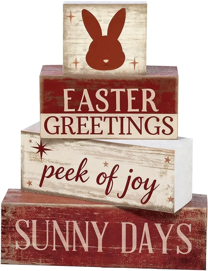 Easter Decorations - Easter Greetings Bunny Tiered Tray Decor - Wooden Easter Bunny Tabletop Sign - Rustic Farmhouse Spring Home Decor Indoor for Tiered Tray Shelf Mantel Entryway Coffee Table - Spring Home Decor for Living Room, Kitchen Counter