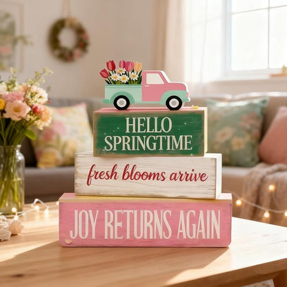Spring Decoration Wooden Tiered Tray Decor – Floral Spring Truck Stacked Block Sign with Tulip Pickup Topper – Farmhouse Tabletop Spring Decor for Living Room Shelf Seasonal Home Display