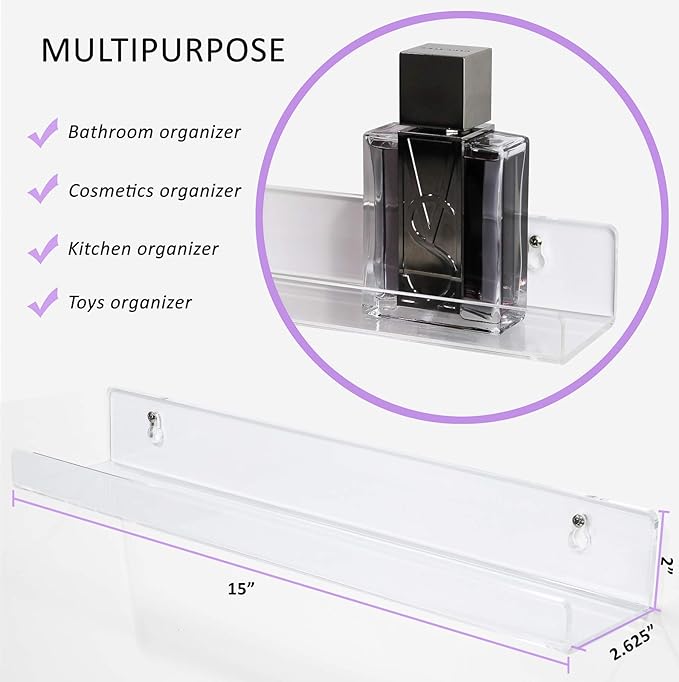 Estilo Set of 2 Acrylic Clear Wall Mounted Display Floating Shelves For Cosmetics, Photos, Books.- 15" inches