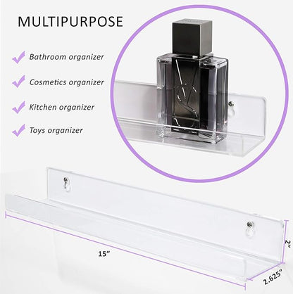 Estilo Set of 2 Acrylic Clear Wall Mounted Display Floating Shelves For Cosmetics, Photos, Books.- 15" inches