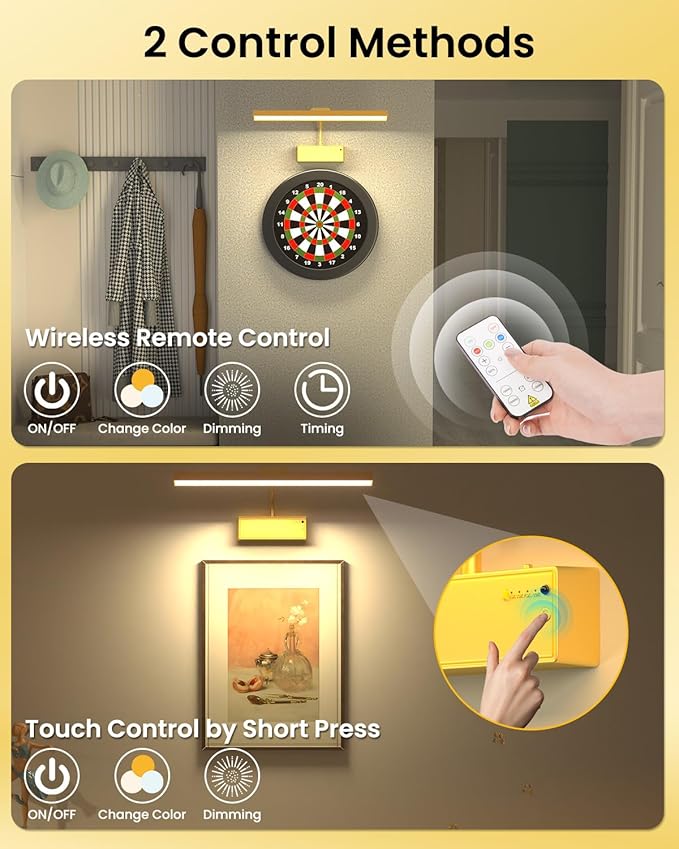 Wireless Picture Lights for Wall, 3000mAh Rechargeable with Power Level Display, 15'' Magnetic LED Art Painting Light with Remote & Timer, 3CCT Dimmable for Gallery, Frame, Dartboard (Gold)