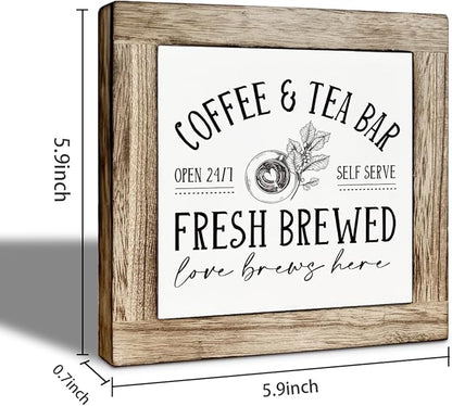 Coffee and Tea Bar Decor, Farmhouse Coffee Bar Sign, Farmhouse Kitchen Tiered Tray Decor, Rustic Wood Signs for Cafe Bars, for Home Kitchen Bars Accessories 5.9×5.9 inch