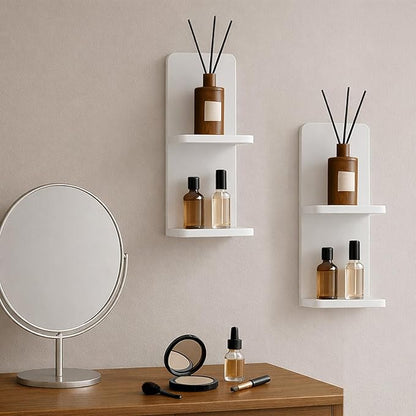 Floating Wall Shelves Set of 2, White Solid Wood Double Layer Wall Mounted Shelf, 20 x 8 x 6 Inches, Modern Storage for Bedroom, Bathroom, Kitchen, Home Decor, Plants & Cosmetics
