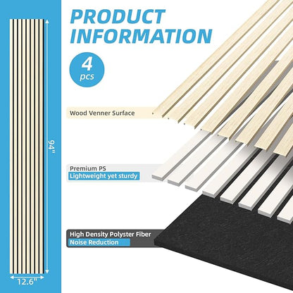 Art3d 4-Piece 94 x 12.6 Inch Acoustic Lightweight Slat Wall Panel - Waterproof Wood Textured Wainscoting Panel of 33 Sq.Ft for Bedroom, Home Theater Office Accent Wall, White Elm
