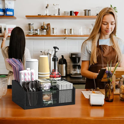 Coffee Station Organizer, Coffee Bar Organizer for Countertop, Coffee and Tea Condiment Storage Organizer, 5 Compartments Coffee Bar Accessories and Organizer, Black, Wooden (Black)