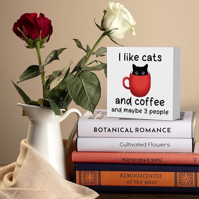 Coffee Bar Decor Sign, Office Desk Decoration, Black Cat Decoration, Coffee Desks Cats Gifts for Cats Lovers Desk Decor Wooden Box Sign for For Farmhouse Home Kitchen Bar Shelf Table