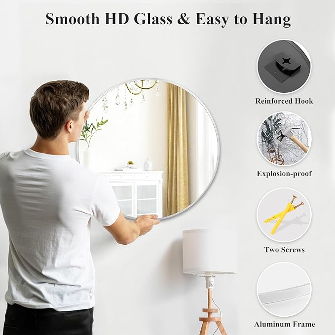 Fabuday Silver Round Mirror for Wall 26 inch - Circle Mirror for Bathroom, Entryway, Living Room, Hallway, Vanity Decor, Big Metal Frame Mirrors