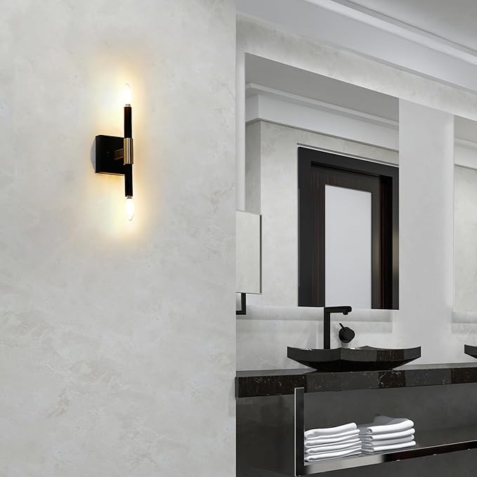 Globe Electric 65000044 2-Light Wall Sconce, Matte Black, Antique Brass Accent, E12 Base Sockets, Lights for Living Room, Home Decor, Lighting, Mounted Bedside Lamp