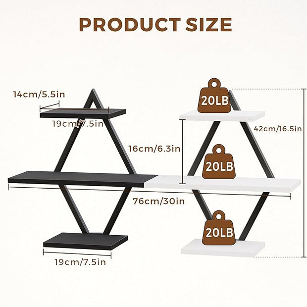 Floating Shelves, Wall Shelf Set of 2, Wall Mounted Shelves, 3-Tier Hanging Wall Shelves for Bathroom, Living Room, Bedroom, Kitchen, Office (Black & White)