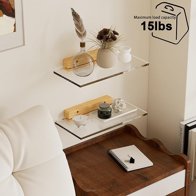 Acrylic Floating Shelves with Solid Wood Base, Wall Mounted Shelf for Plants, Perfume, Nail Polish, Bathroom, Bedroom & Living Room Décor
