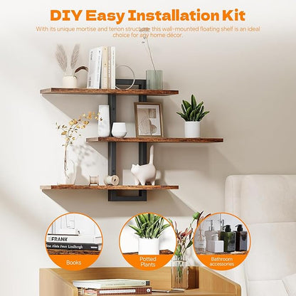 Floating Shelves for Wall Decor, 3 Tier Wall Mounted Storage Shelves, Bathroom Shelves, Decorative Hanging Storage Shelf for Living Room, Bedroom, Kitchen (Brown, 3 Tier)