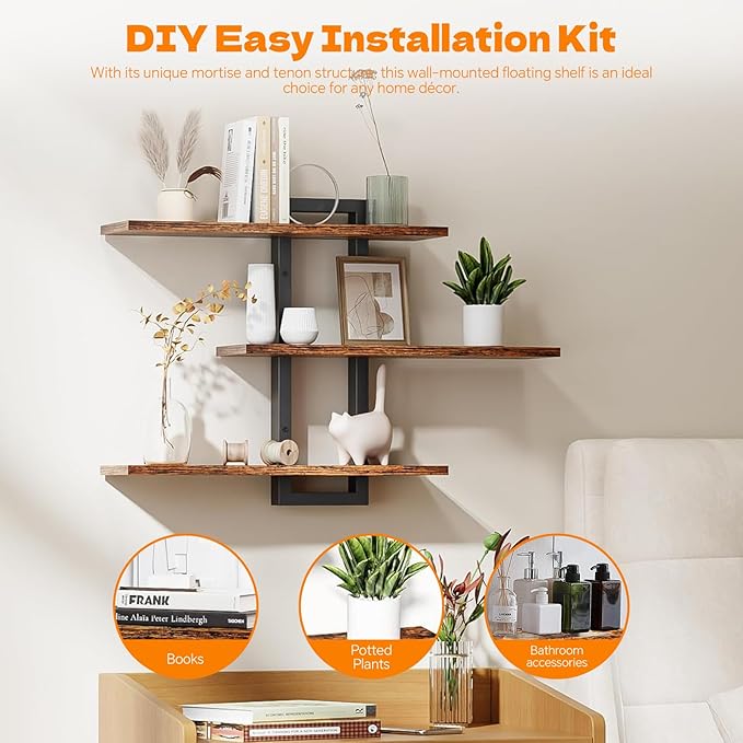 Floating Shelves for Wall Decor, 3 Tier Wall Mounted Storage Shelves, Bathroom Shelves, Decorative Hanging Storage Shelf for Living Room, Bedroom, Kitchen (Brown, 3 Tier)