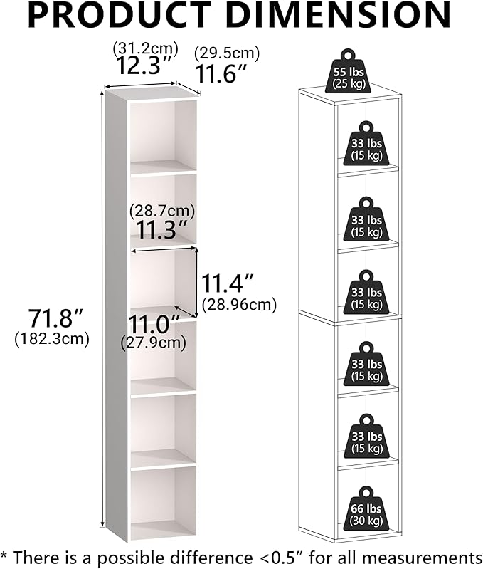 White Cube Shelf, 6 Cube Storage Organizer, 6-Tier Cube Storage Shelf, Freestanding Low Bookcase for Living Room Decor, Bedroom Clothes, Kids Toys & Home Office