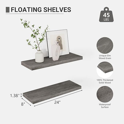 Vivelove Elm Floating Shelves for Wall Solid Wood, 24 Inches Long Rustic Wall Shelf with Invisible Bracket for Living Room Bedroom Bathroom Office Book, Farmhouse Wall Display Shelf, Set of 2 - Grey