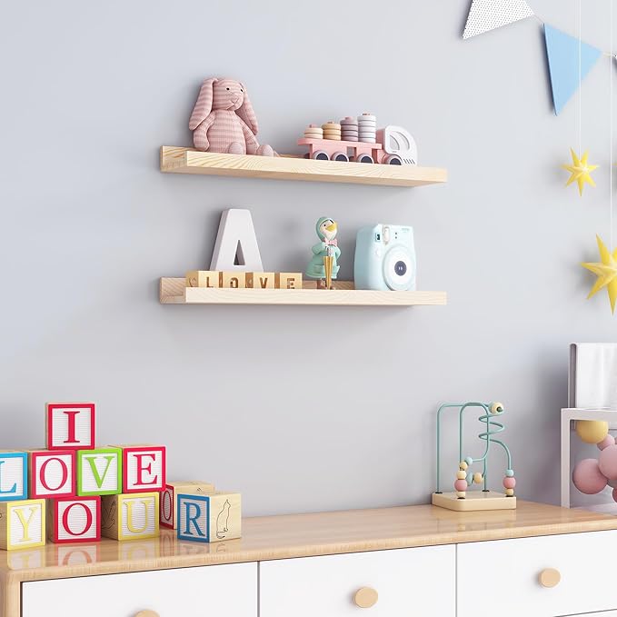 Picture Ledge Shelf for Wall, 24 inch Solid Ash Wood Nursery Book Shelves 2 Packs, Floating Shelves for Kids' Room Bedroom Bathroom Living Room Photo Frames Office Nursey Wall Decor, Natural