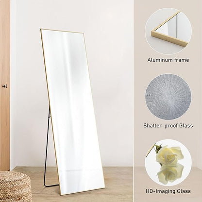 OLIXIS Full Length Mirror for Bedroom, 58"x19" Full Body Mirror with Stand, Hanging or Leaning for Wall, Aluminum Alloy Thin Frame Floor Standing for Living Room, Long, Gold