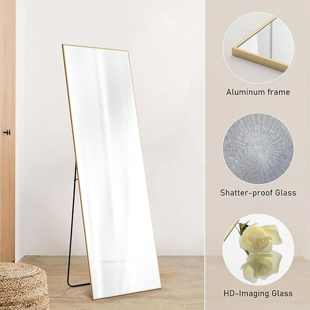 OLIXIS Full Length Mirror for Bedroom, 58"x19" Full Body Mirror with Stand, Hanging or Leaning for Wall, Aluminum Alloy Thin Frame Floor Standing for Living Room, Long, Gold