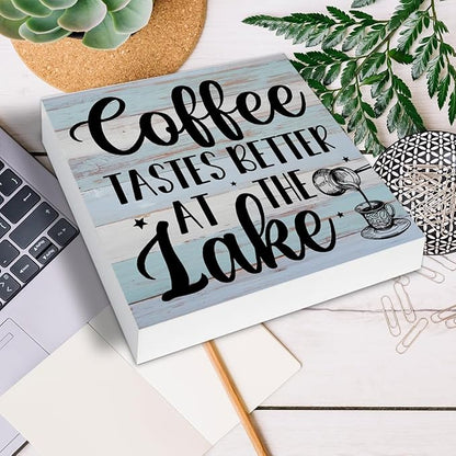 Lake House Decor, Coffee Tastes Better at the Lake Wood Sign Decoration for Home Coffee Bar Kitchen Desk Shelf Table 5 X 5 Inch