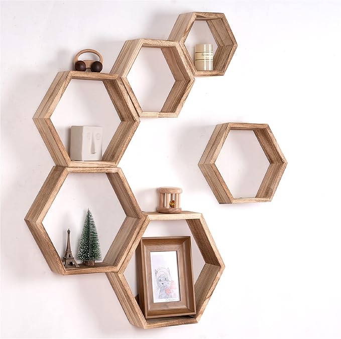 WONFUlity Hexagon Floating Shelves Honeycomb Wall Mounted Wood Farmhouse Storage for Bathroom, Kitchen, Bedroom, Living Room - Driftwood Finish, Light Brown