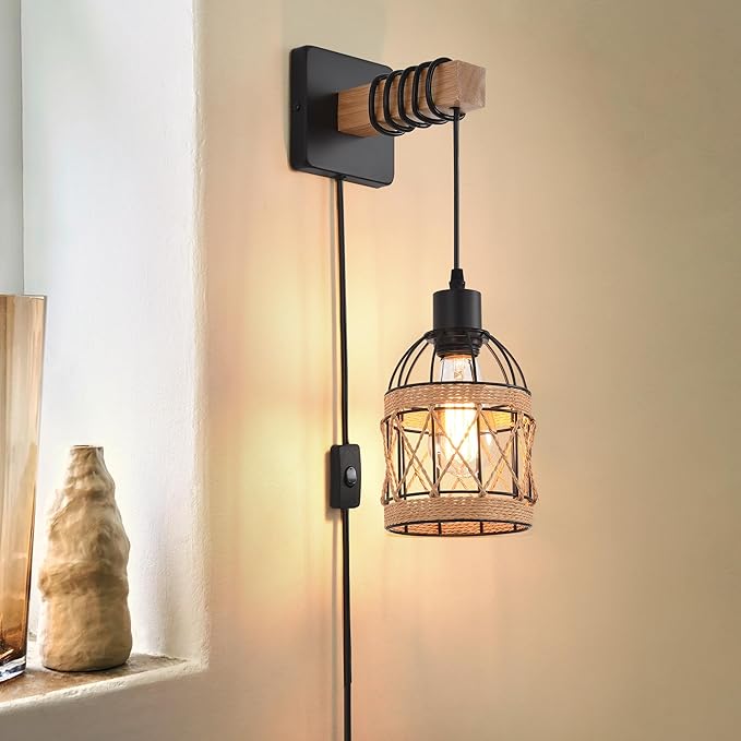 Rustic Wall Sconces Fixtures with Plug in Cord, Set of Two Indoor Vintage Rattan Wall Light Industrial Lamp Fixture Farmhouse Metal Sconces Light for Bedroom Bedside Living Room