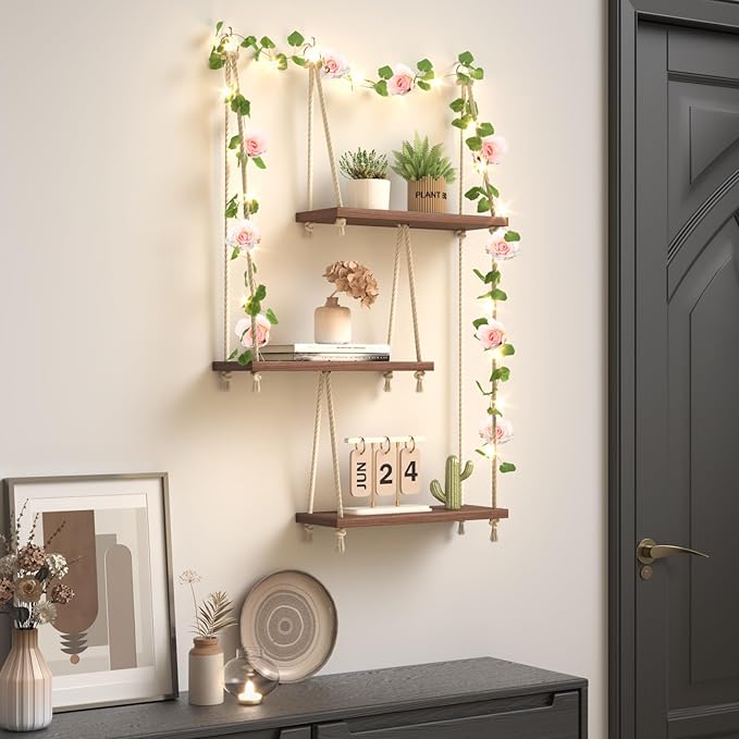 Hanging Shelves for Wall, 3 Tier Boho Hanging Plant Shelf, Floating Shelves Rope Rustic Wood Organizer Storage Hanger Rack for Aesthetic Home Bedroom Kitchen Bathroom (Champagne Flower)