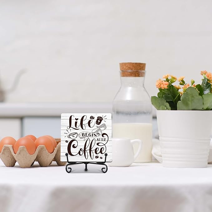 Coffee Bar Decor, Farmhouse Kitchen Table Decor, Coffee Station Accessories, Wooden Decorative Sign with Iron Stand for Table Desk Shelf Display-E21