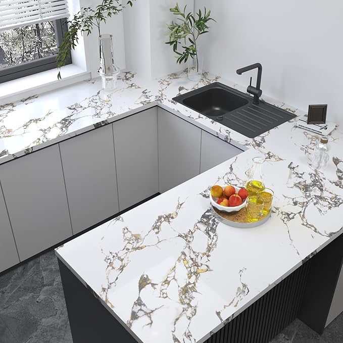 White Gold Marble Granite Contact Paper Kitchen Countertop peel and stick heat resistant wall paper 394x48inch widen Counter top Vinyl Wrap Waterproof Bathroom Wallpaper Carbon Rock Board wall sticker