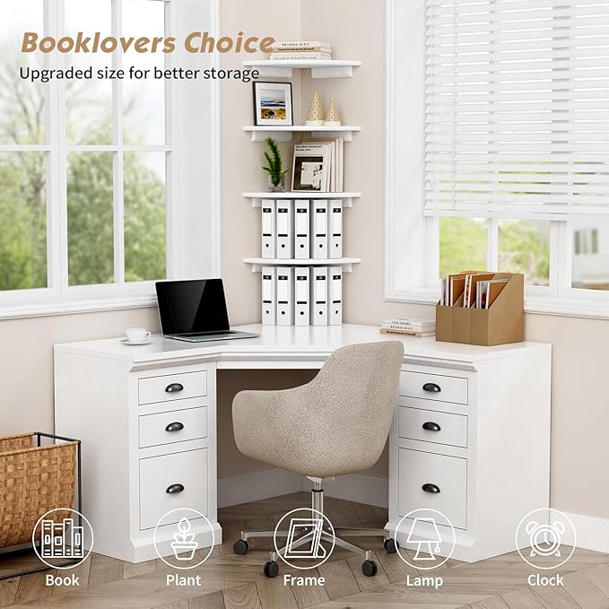 Forbena Corner White Floating Book Shelves for Wall Set of 4, Wood Nursery Corner Bookshelf for Kids Bedroom, Large Modern Round Wall Bookshelves for Living Room Decor, Indoor Plants, Bathroom