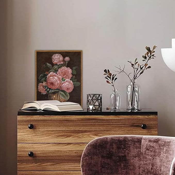 SHENIFY Vintage Flower Framed Canvas Wall Art Peony Classic Paintings Modern Kitchen Bathroom Office Decor - 11x14in Natural Framed