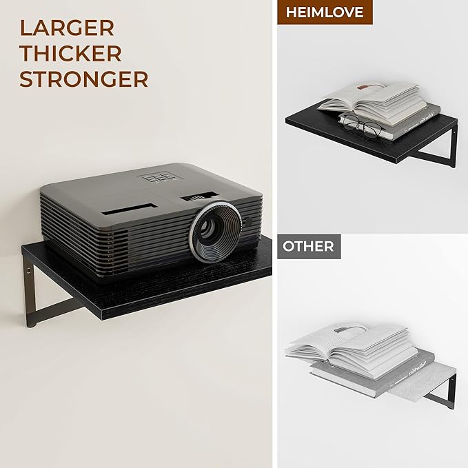 Heimlove Deep Floating Shelves for Wall, 12 Inch Deep Floating Shelves Set of 3, 16W x 12D Wood Wall Shelves, Wide Wood Shelves with Metal Bracket for Living Room, Kitchen, Office, Bedroom - Black