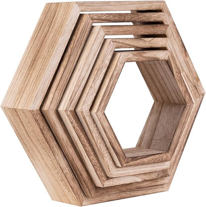 WONFUlity Hexagon Floating Shelves Honeycomb Shelves Wall Mounted Wood Farmhouse Storage Wall Shelf for Bathroom, Kitchen, Bedroom, Living Room,Driftwood Finish Decor,Light Brwon