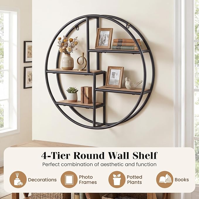 Giantex Industrial Style Round Wall Shelves, 4-Tier Decorative Circle Metal and Wood Wall Shelf for Display & Storage, Modern Geometric Wall Mounted Display Organizer for Living Room, Bedroom, Study