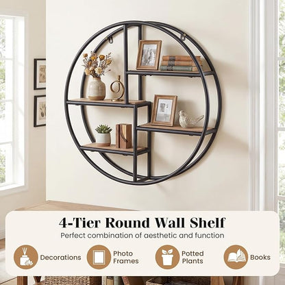Giantex Industrial Style Round Wall Shelves, 4-Tier Decorative Circle Metal and Wood Wall Shelf for Display & Storage, Modern Geometric Wall Mounted Display Organizer for Living Room, Bedroom, Study