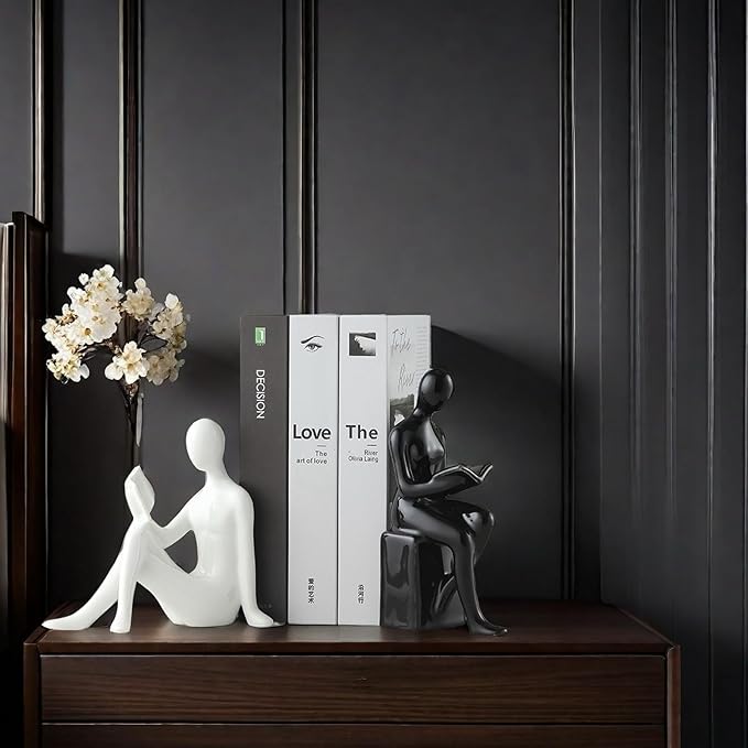 Home Decorative Reading Couple Statue Bookends Elegant Ceramic Bookshelf Room Office Desk Decor,Paper Weights, Book Ends,Bookend Supports, Book Stoppers, Set of 2 (Black and White)