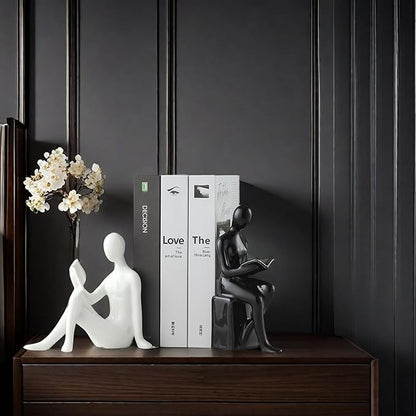 Home Decorative Reading Couple Statue Bookends Elegant Ceramic Bookshelf Room Office Desk Decor,Paper Weights, Book Ends,Bookend Supports, Book Stoppers, Set of 2 (Black and White)