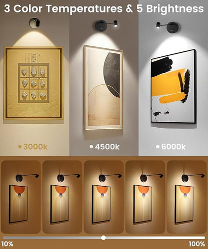 Wireless Battery Operated Picture Light for Wall,3 Color LED Art Lighting for Paintings,Magnetic Rechargeable Dimmable Poster Lights,Remote Control Gallery Light with Timer, Black (2 Pack)