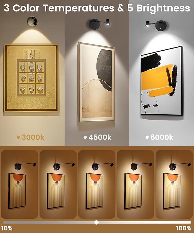Wireless Battery Operated Picture Light for Wall,3 Color LED Art Lighting for Paintings,Magnetic Rechargeable Dimmable Poster Lights,Remote Control Gallery Light with Timer, Black (1 Pack)