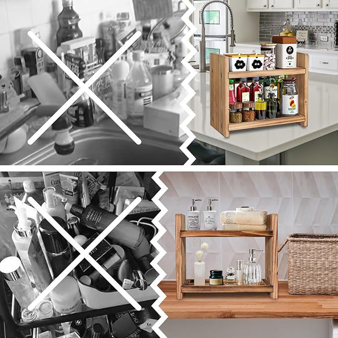 2-Tier Wood Spice Rack, a countertop Organizer for Kitchen and Bathroom Storage, Display of Cosmetics