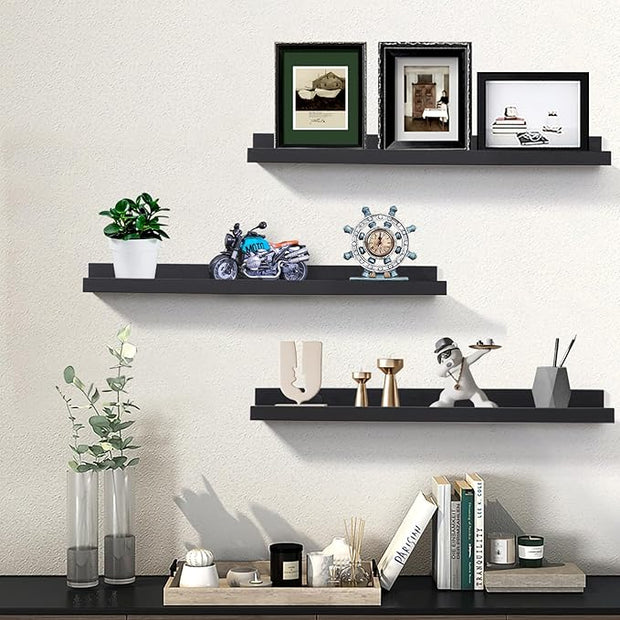 AZSKY Floating Picture Ledge Shelves for Wall Set of 3, 24 Inch Shelves with Lip Long Large Nursery Book Shelf for Storage Bookshelf Wall Mounted Living Room Bedroom Decor Frames(Black)