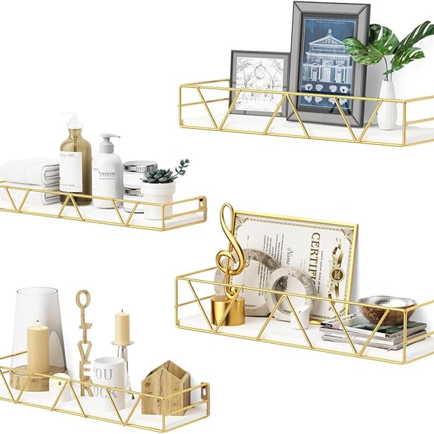 Floating Shelves Set of 3, Home Wood Wall Shelf, Farmhouse Shelf for Bedroom, Wall Mounted Floating Shelf for Living Room, Bedroom, Bathroom, Kitchen, Office (Gold-4pcs)