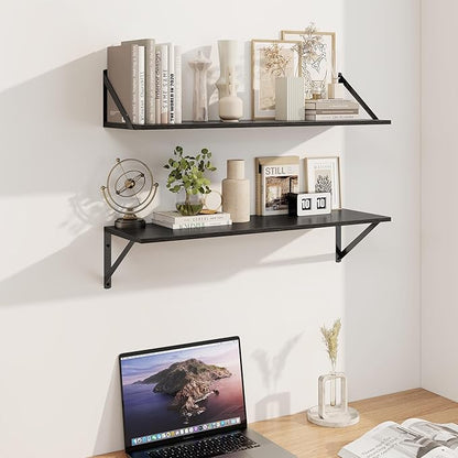Heimlove Black Deep Floating Shelves for Wall, 30W x 8D Wood Wall Shelves Set of 2, Wide Floating Bookshelf for Living Room, Kitchen, Office, Bedroom and Decor Storage, with Metal Bracket - Black