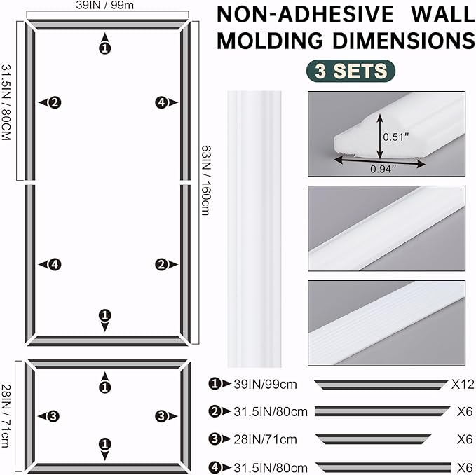Melkus Wall Molding 3 Set Premade Wainscoting Panels for Interior Wall Décor Installed with Construction Glue Wainscoting Accent Panel (Top 63x39 in+Bottom 28x39 in) Style 2