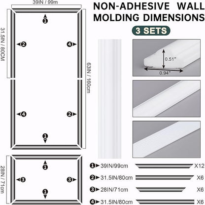 Melkus Wall Molding 3 Set Premade Wainscoting Panels for Interior Wall Décor Installed with Construction Glue Wainscoting Accent Panel (Top 63x39 in+Bottom 28x39 in) Style 2